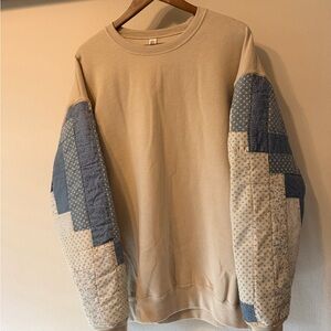 Men's Beige and Blue Vintage Patchwork Sleeves Sweater